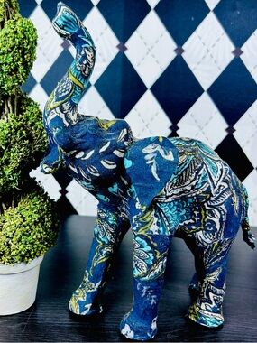 Blue Paisley Elephant Decor Boho Fabric Wrapped Sculpture Figurine Vintage
